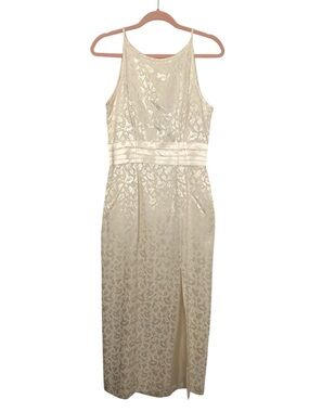Vintage CDC Champagne Satin Jacquard Midi Dress Size 8 Minimalist Wedding Guest